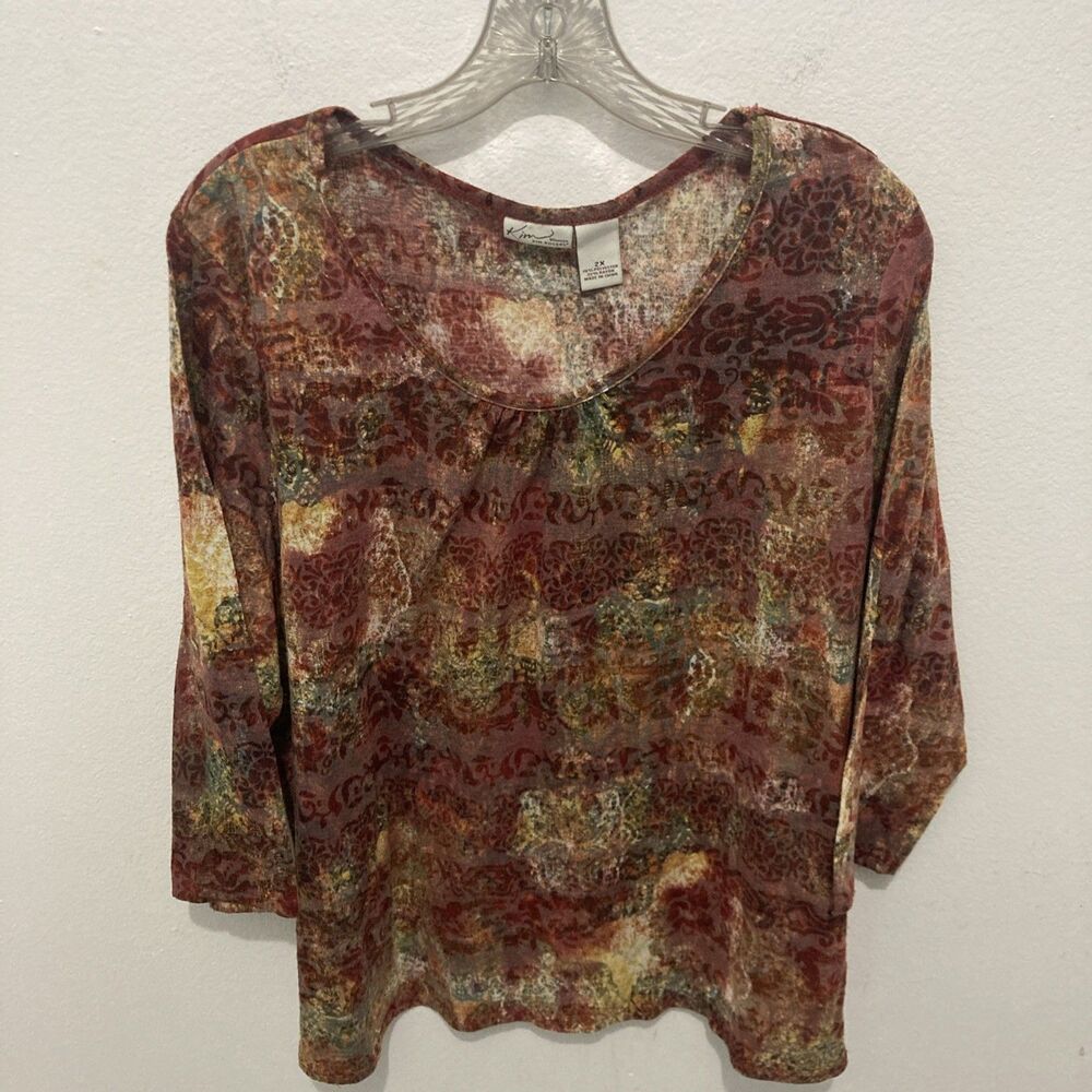 Kim Rogers maroon multicolor sublimation scoop neck 3/4 sleeves knit 2X
